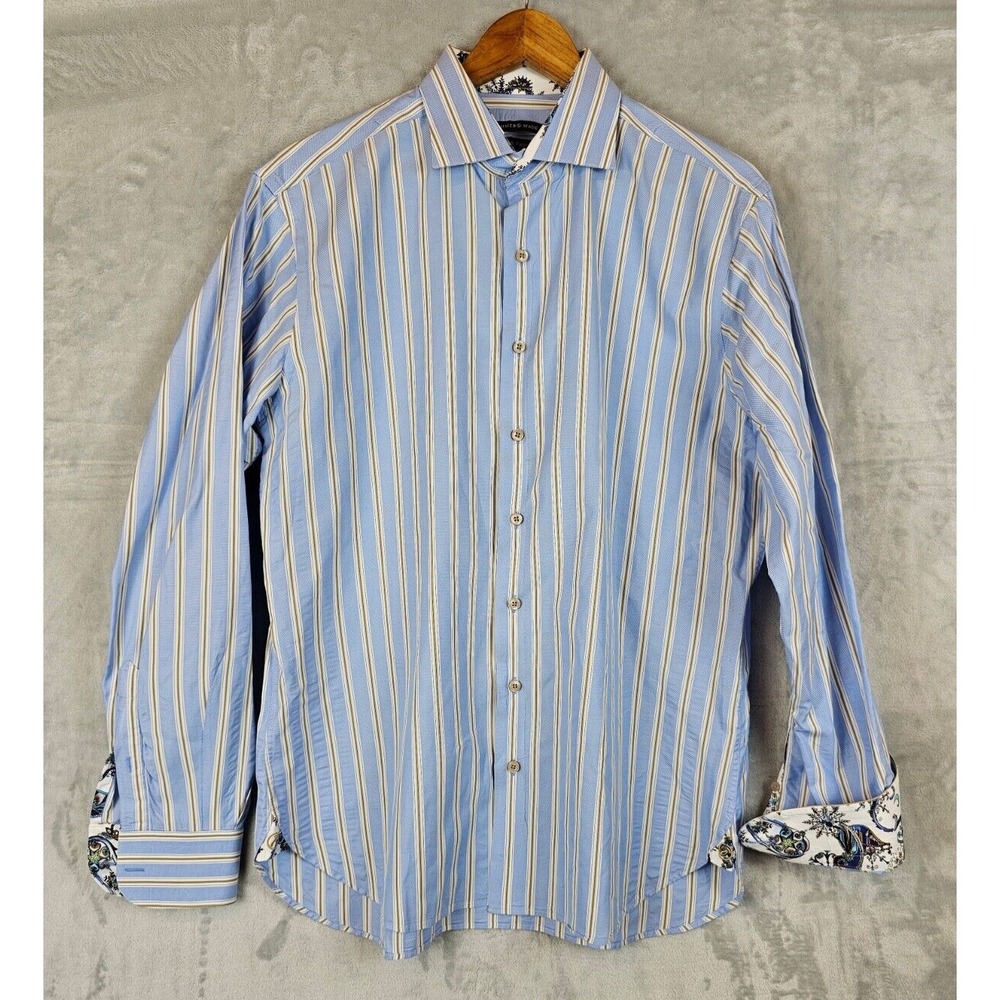 Hammer Made Dress Shirt Men 16.5-42 Blue White‎ Striped Paisley Trim Button Up